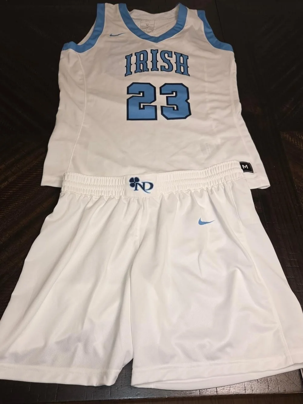 Nike White & Light Blue “Irish” Basketball Jersey & Shorts Set